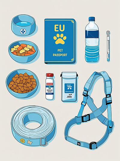 Illustration von Reiseutensilien für Hunde, inklusive einem Trinknapf mit Wasser, einem Napf mit Leckerlis, einem Napf mit Trockenfutter, einem EU-Heimtierausweis, einer Wasserflasche, einem Thermometer, einem Medikamentenfläschchen, Hundekotbeuteln, einem Hundegeschirr und einer langen Hundeleine. Alle Gegenstände sind in Blautönen gehalten und symbolisieren eine gut vorbereitete Reise mit dem Hund.
